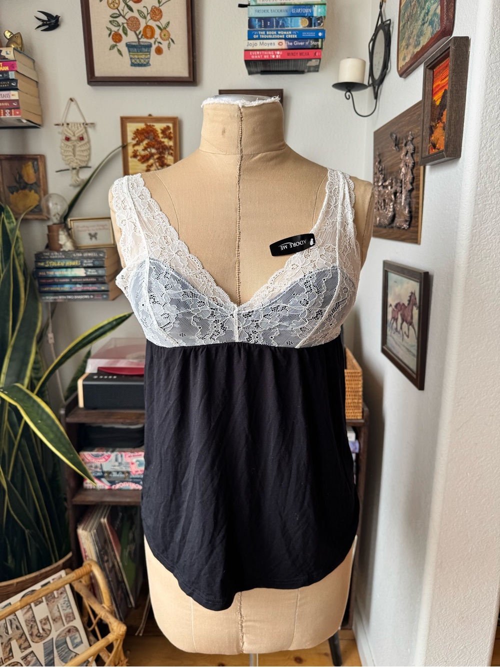 Adore Me Chemise Tank Top Black White Lace Bodice Adjustable Straps Medium